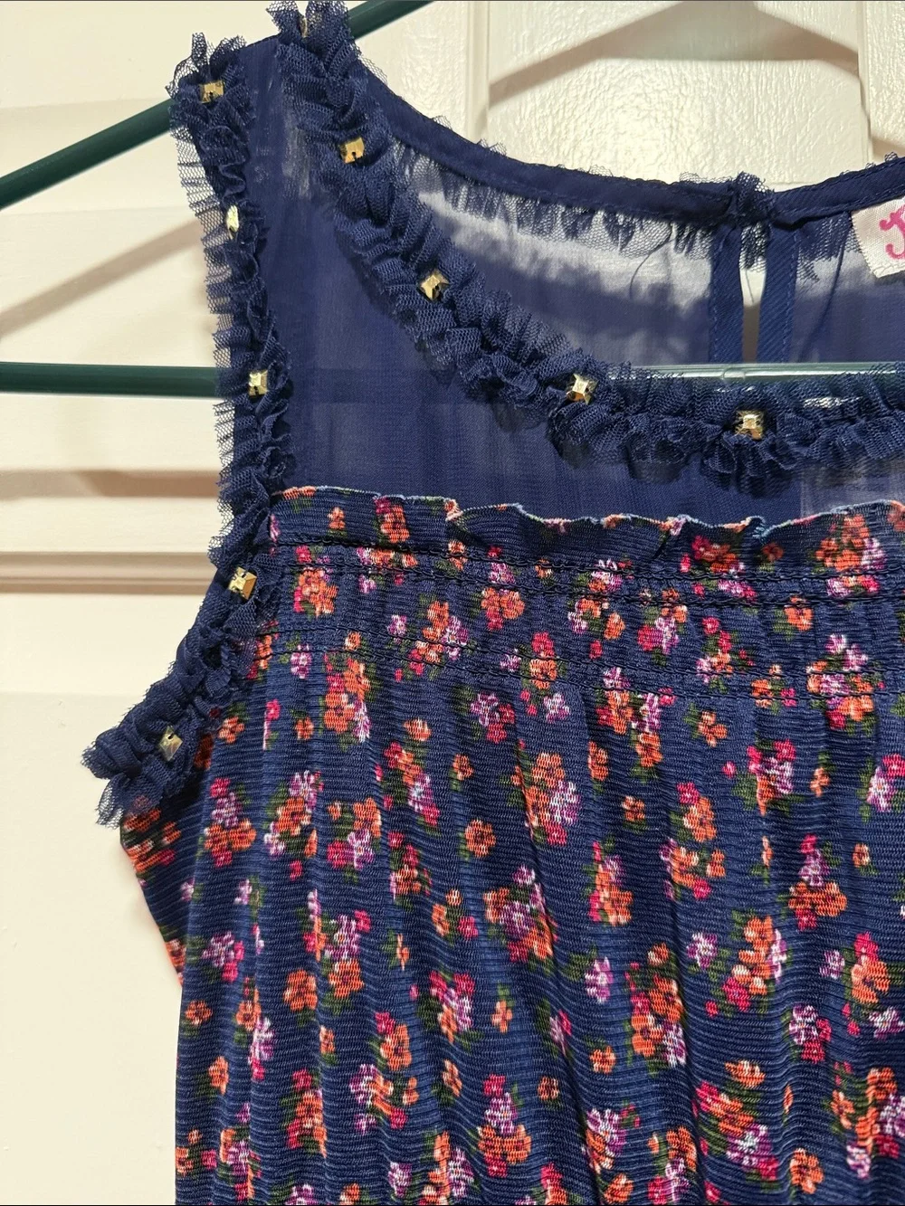 Justice Navy Floral Tiered Sundress with Red Flower Print